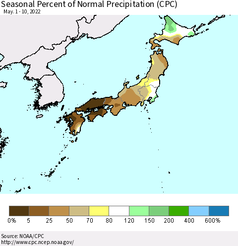 Japan Seasonal Percent of Normal Precipitation (CPC) Thematic Map For 5/1/2022 - 5/10/2022