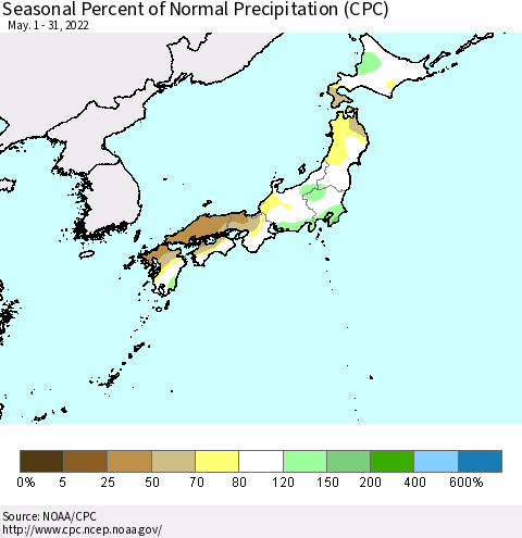 Japan Seasonal Percent of Normal Precipitation (CPC) Thematic Map For 5/1/2022 - 5/31/2022