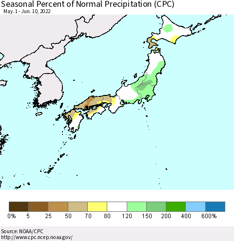 Japan Seasonal Percent of Normal Precipitation (CPC) Thematic Map For 5/1/2022 - 6/10/2022