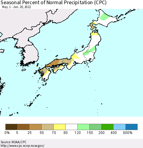 Japan Seasonal Percent of Normal Precipitation (CPC) Thematic Map For 5/1/2022 - 6/20/2022