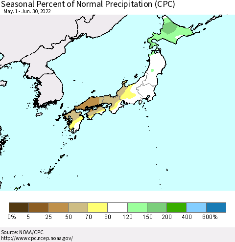 Japan Seasonal Percent of Normal Precipitation (CPC) Thematic Map For 5/1/2022 - 6/30/2022