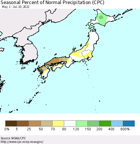 Japan Seasonal Percent of Normal Precipitation (CPC) Thematic Map For 5/1/2022 - 7/10/2022