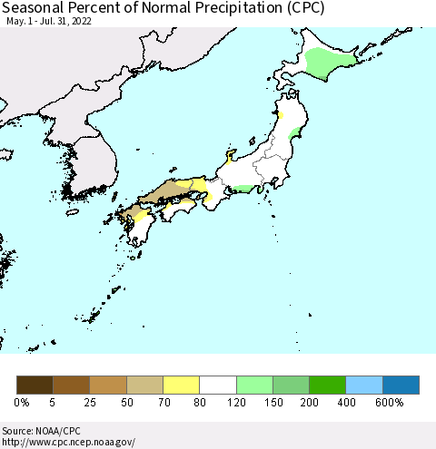 Japan Seasonal Percent of Normal Precipitation (CPC) Thematic Map For 5/1/2022 - 7/31/2022