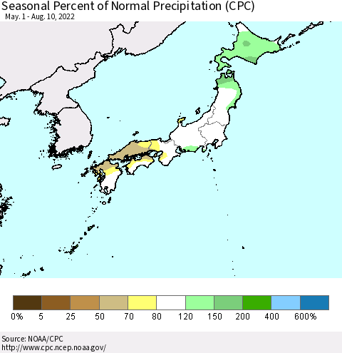 Japan Seasonal Percent of Normal Precipitation (CPC) Thematic Map For 5/1/2022 - 8/10/2022