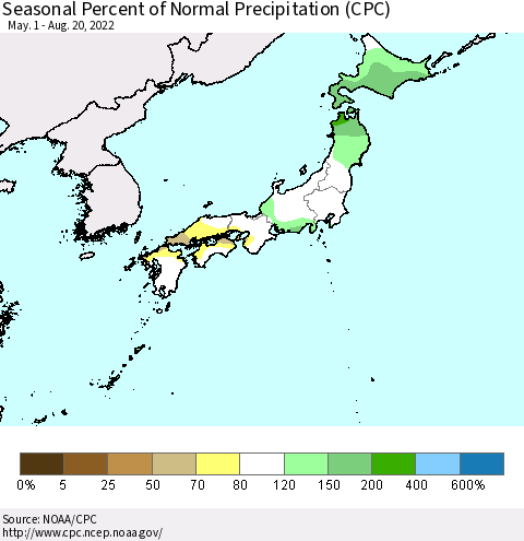 Japan Seasonal Percent of Normal Precipitation (CPC) Thematic Map For 5/1/2022 - 8/20/2022