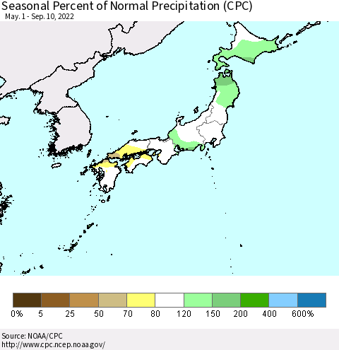 Japan Seasonal Percent of Normal Precipitation (CPC) Thematic Map For 5/1/2022 - 9/10/2022
