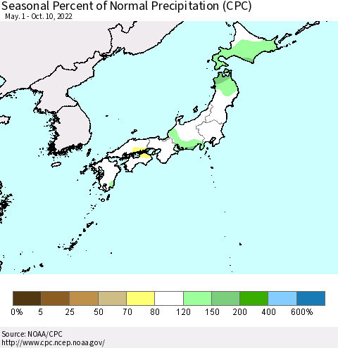 Japan Seasonal Percent of Normal Precipitation (CPC) Thematic Map For 5/1/2022 - 10/10/2022