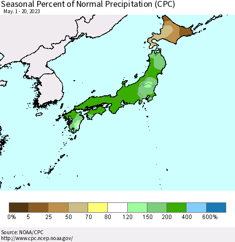 Japan Seasonal Percent of Normal Precipitation (CPC) Thematic Map For 5/1/2023 - 5/20/2023
