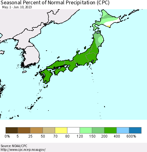 Japan Seasonal Percent of Normal Precipitation (CPC) Thematic Map For 5/1/2023 - 6/10/2023