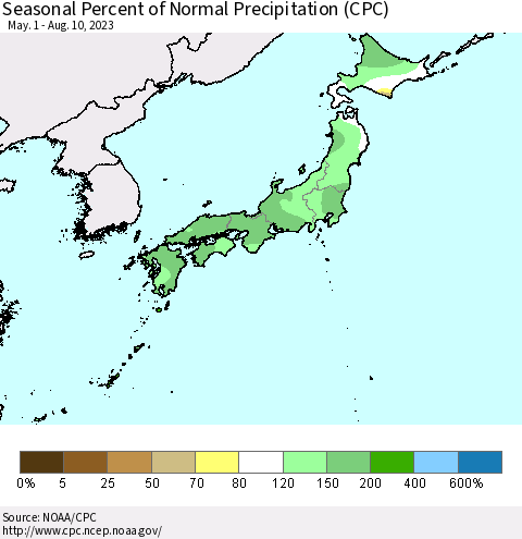 Japan Seasonal Percent of Normal Precipitation (CPC) Thematic Map For 5/1/2023 - 8/10/2023