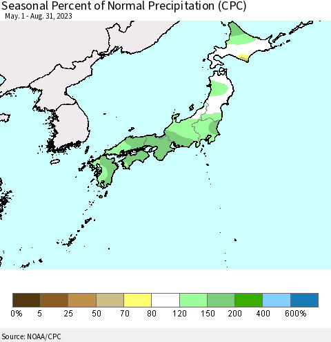Japan Seasonal Percent of Normal Precipitation (CPC) Thematic Map For 5/1/2023 - 8/31/2023