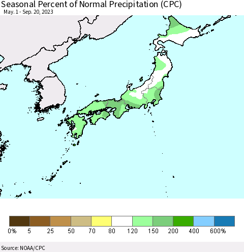 Japan Seasonal Percent of Normal Precipitation (CPC) Thematic Map For 5/1/2023 - 9/20/2023