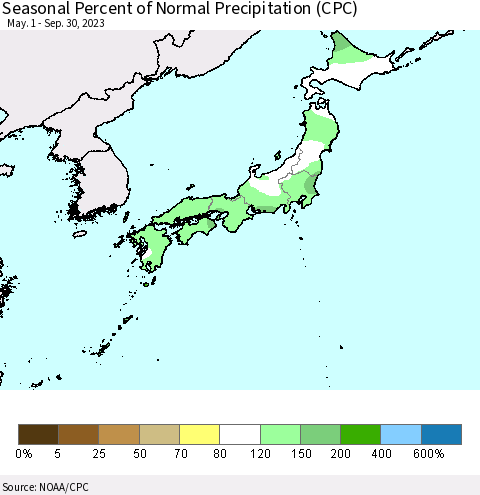 Japan Seasonal Percent of Normal Precipitation (CPC) Thematic Map For 5/1/2023 - 9/30/2023
