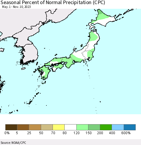 Japan Seasonal Percent of Normal Precipitation (CPC) Thematic Map For 5/1/2023 - 11/10/2023