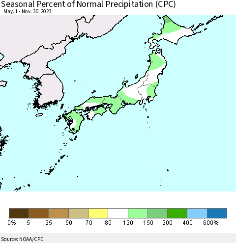 Japan Seasonal Percent of Normal Precipitation (CPC) Thematic Map For 5/1/2023 - 11/30/2023