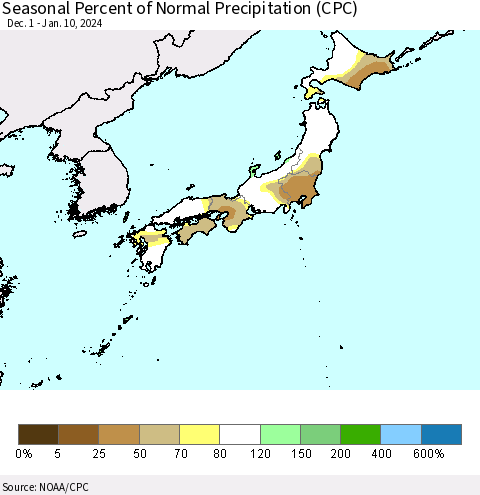 Japan Seasonal Percent of Normal Precipitation (CPC) Thematic Map For 12/1/2023 - 1/10/2024