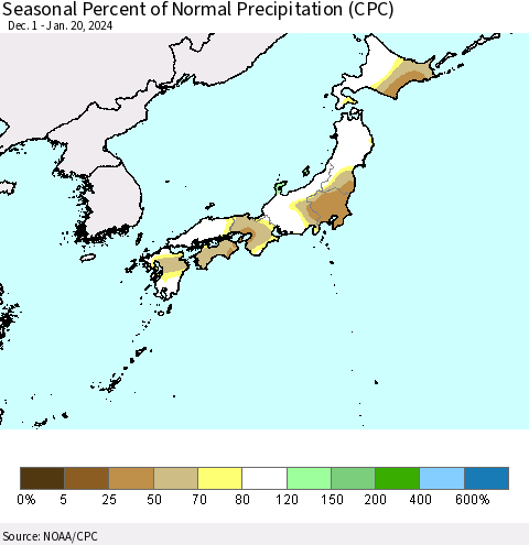 Japan Seasonal Percent of Normal Precipitation (CPC) Thematic Map For 12/1/2023 - 1/20/2024