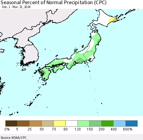 Japan Seasonal Percent of Normal Precipitation (CPC) Thematic Map For 12/1/2023 - 3/31/2024
