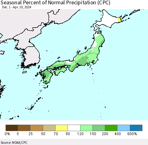 Japan Seasonal Percent of Normal Precipitation (CPC) Thematic Map For 12/1/2023 - 4/10/2024