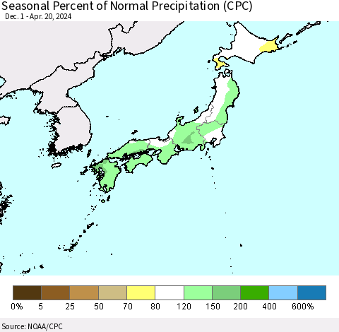 Japan Seasonal Percent of Normal Precipitation (CPC) Thematic Map For 12/1/2023 - 4/20/2024