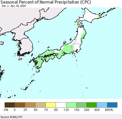 Japan Seasonal Percent of Normal Precipitation (CPC) Thematic Map For 12/1/2023 - 4/30/2024