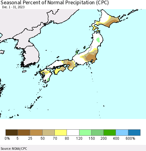 Japan Seasonal Percent of Normal Precipitation (CPC) Thematic Map For 12/1/2023 - 12/31/2023