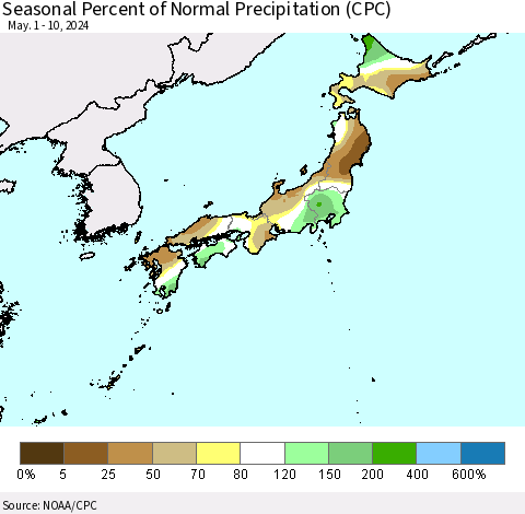 Japan Seasonal Percent of Normal Precipitation (CPC) Thematic Map For 5/1/2024 - 5/10/2024