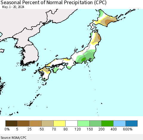 Japan Seasonal Percent of Normal Precipitation (CPC) Thematic Map For 5/1/2024 - 5/20/2024