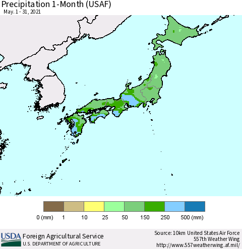 Japan Precipitation 1-Month (USAF) Thematic Map For 5/1/2021 - 5/31/2021