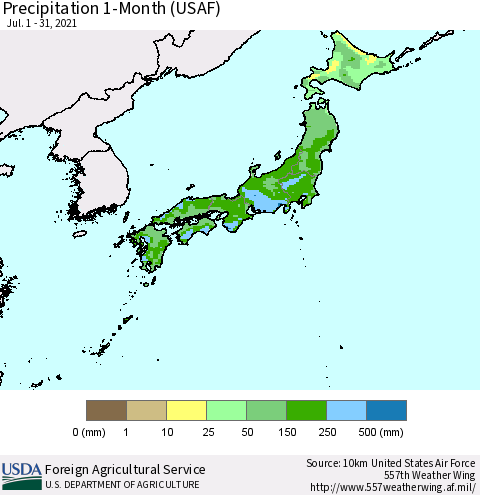 Japan Precipitation 1-Month (USAF) Thematic Map For 7/1/2021 - 7/31/2021