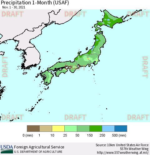 Japan Precipitation 1-Month (USAF) Thematic Map For 11/1/2021 - 11/30/2021