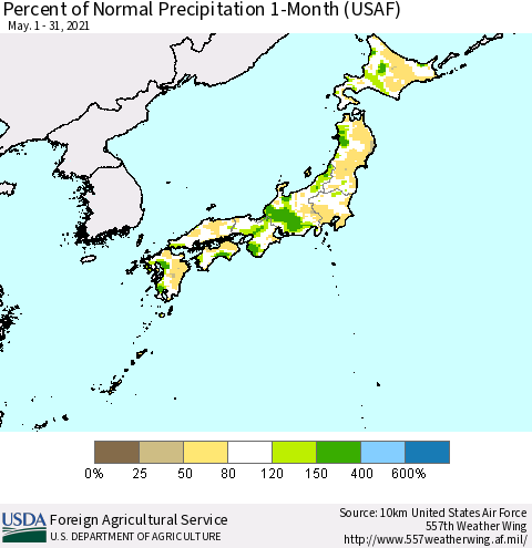Japan Percent of Normal Precipitation 1-Month (USAF) Thematic Map For 5/1/2021 - 5/31/2021