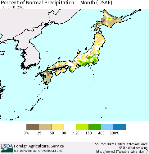 Japan Percent of Normal Precipitation 1-Month (USAF) Thematic Map For 7/1/2021 - 7/31/2021
