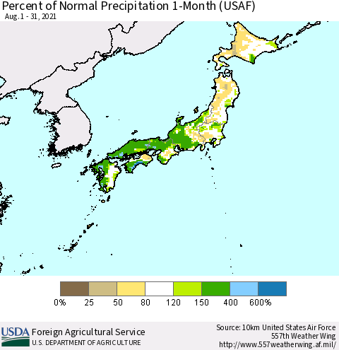 Japan Percent of Normal Precipitation 1-Month (USAF) Thematic Map For 8/1/2021 - 8/31/2021