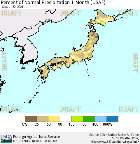 Japan Percent of Normal Precipitation 1-Month (USAF) Thematic Map For 9/1/2021 - 9/30/2021
