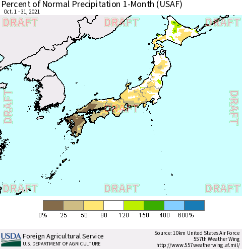 Japan Percent of Normal Precipitation 1-Month (USAF) Thematic Map For 10/1/2021 - 10/31/2021