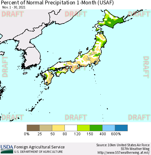 Japan Percent of Normal Precipitation 1-Month (USAF) Thematic Map For 11/1/2021 - 11/30/2021