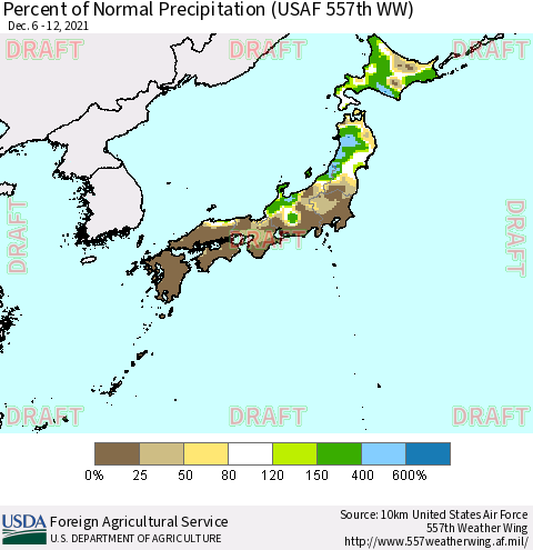 Japan Percent of Normal Precipitation (USAF 557th WW) Thematic Map For 12/6/2021 - 12/12/2021