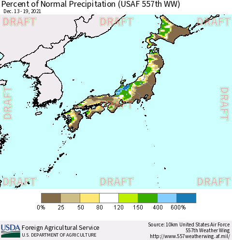 Japan Percent of Normal Precipitation (USAF 557th WW) Thematic Map For 12/13/2021 - 12/19/2021
