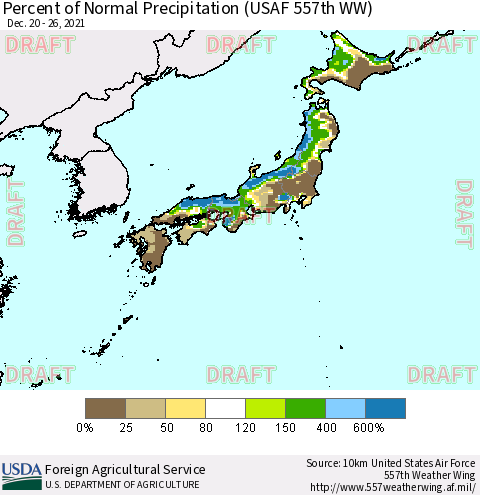Japan Percent of Normal Precipitation (USAF 557th WW) Thematic Map For 12/20/2021 - 12/26/2021