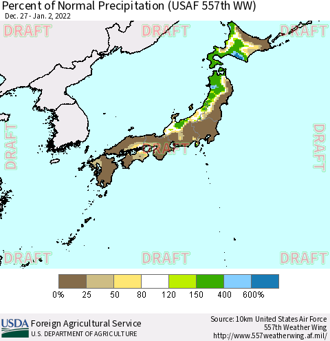 Japan Percent of Normal Precipitation (USAF 557th WW) Thematic Map For 12/27/2021 - 1/2/2022
