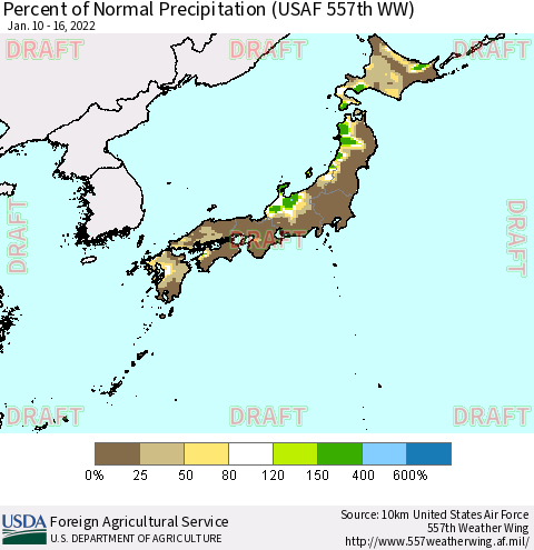 Japan Percent of Normal Precipitation (USAF 557th WW) Thematic Map For 1/10/2022 - 1/16/2022