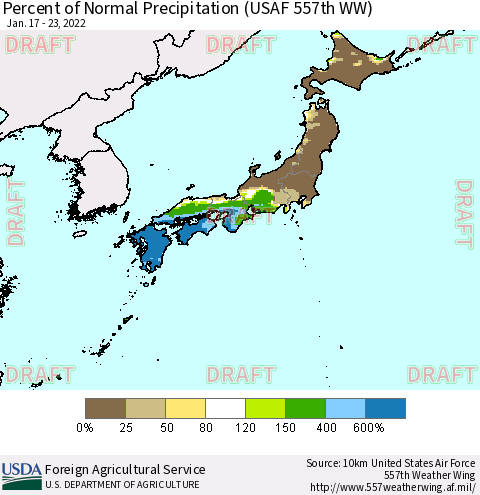 Japan Percent of Normal Precipitation (USAF 557th WW) Thematic Map For 1/17/2022 - 1/23/2022