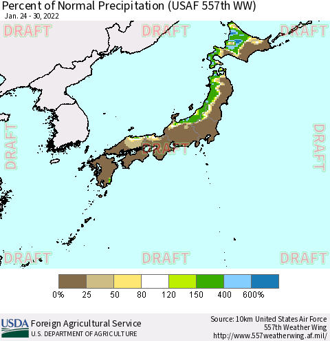 Japan Percent of Normal Precipitation (USAF 557th WW) Thematic Map For 1/24/2022 - 1/30/2022