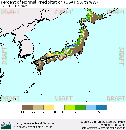 Japan Percent of Normal Precipitation (USAF 557th WW) Thematic Map For 1/31/2022 - 2/6/2022