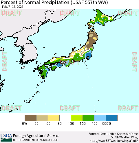Japan Percent of Normal Precipitation (USAF 557th WW) Thematic Map For 2/7/2022 - 2/13/2022