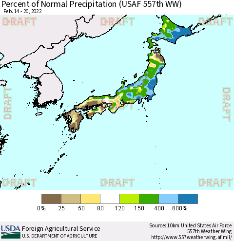 Japan Percent of Normal Precipitation (USAF 557th WW) Thematic Map For 2/14/2022 - 2/20/2022