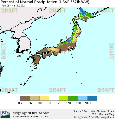 Japan Percent of Normal Precipitation (USAF 557th WW) Thematic Map For 2/28/2022 - 3/6/2022