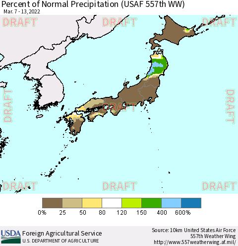 Japan Percent of Normal Precipitation (USAF 557th WW) Thematic Map For 3/7/2022 - 3/13/2022