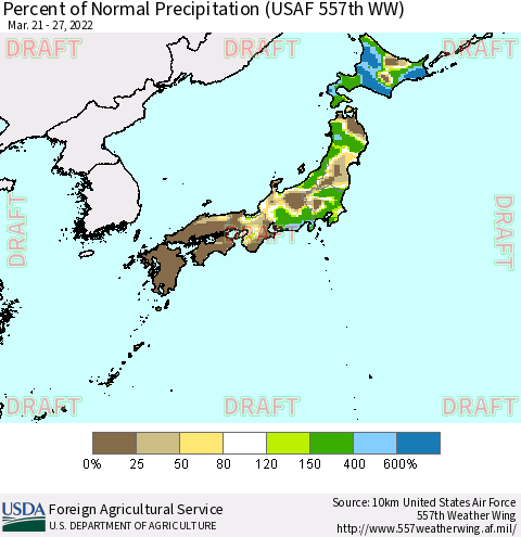 Japan Percent of Normal Precipitation (USAF 557th WW) Thematic Map For 3/21/2022 - 3/27/2022